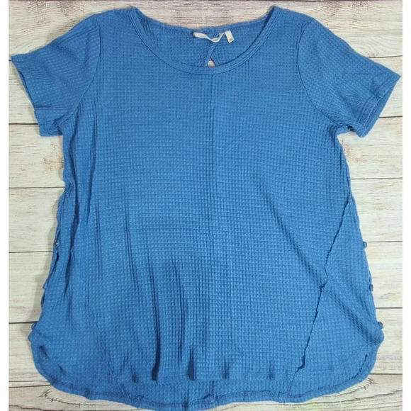 Soft Surroundings Waverly Waffle Weave Tee Top Women's Large Blue Keyhole Back - Picture 1 of 5